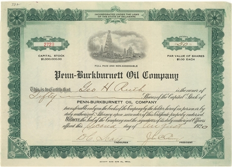 1920 Babe Ruth Penn-Burkburnett Oil Company Stock Certificate